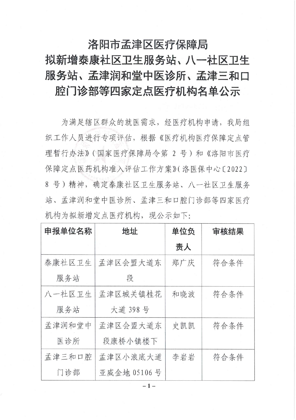 洛陽市孟津區(qū)醫(yī)療保障局擬新增泰康社區(qū)衛(wèi)生服務站、八一社區(qū)衛(wèi)生服務站、孟津潤和堂中醫(yī)診所、孟津三和口腔門診部等四家定點醫(yī)療機構名單公示_page-0001.jpg